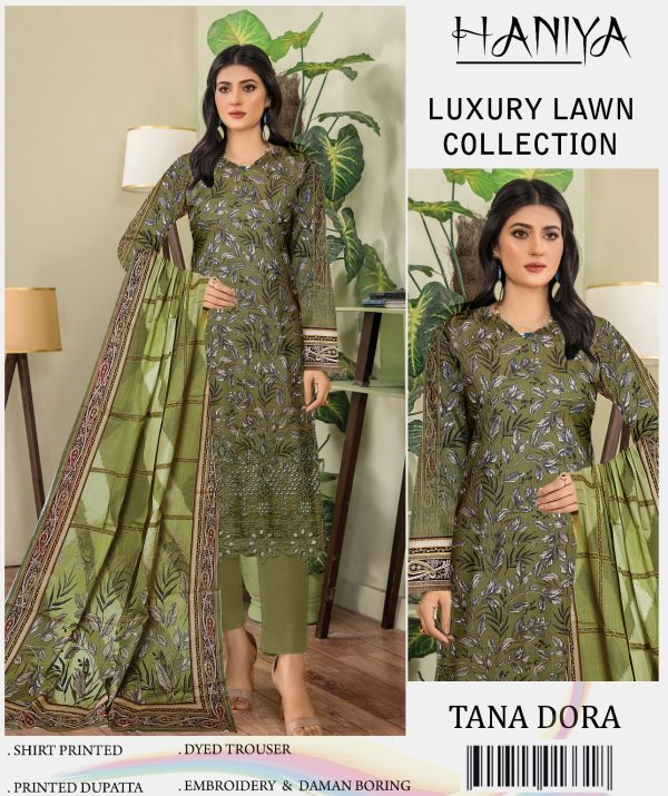 ✨ Haniya ✨ 3 Piece Digital Printed Doriya Shirt With Front Shifli Boring Daman Chickenkari / unstitched Suit New Collection For Womens