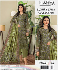 ✨ Haniya ✨ 3 Piece Digital Printed Doriya Shirt With Front Shifli Boring Daman Chickenkari / unstitched Suit New Collection For Womens