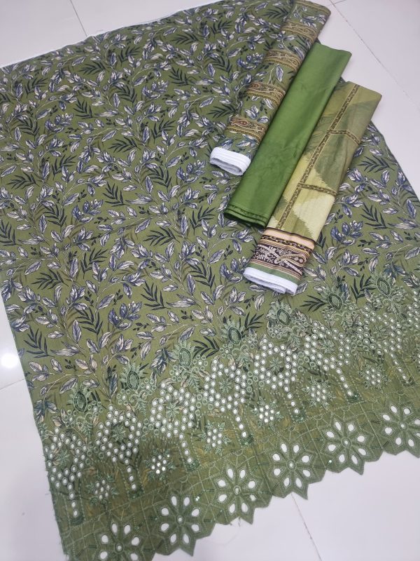 ✨ Haniya ✨ 3 Piece Digital Printed Doriya Shirt With Front Shifli Boring Daman Chickenkari / unstitched Suit New Collection For Womens